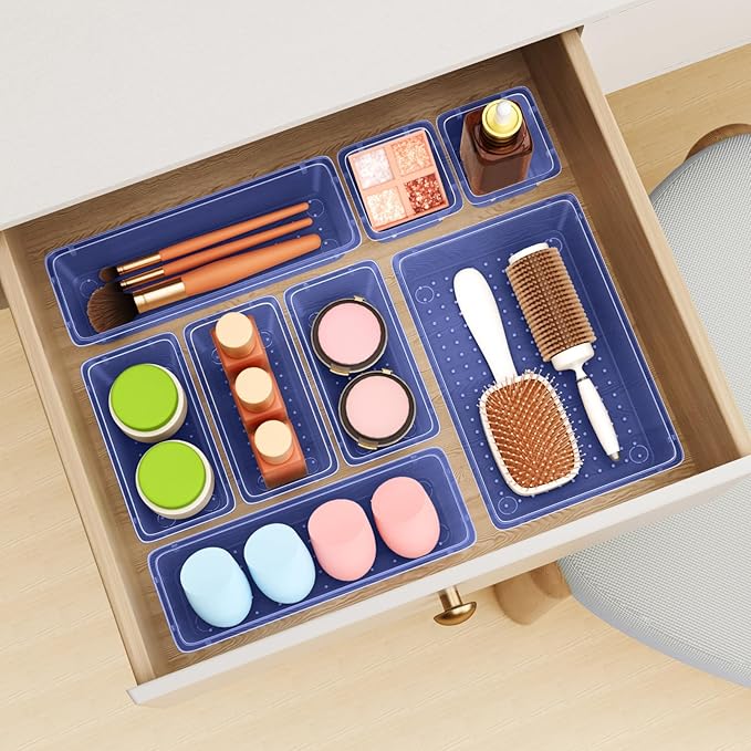 12 PCS Drawer Organizer Set, 4 Sizes Tool Storage Trays, Clear Plastic Makeup Vanity Organizer and Storage Bins for Stationeries, Multiple Gadgets for Office, Bedroom, Navy Blue