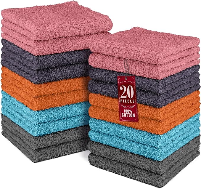 DecorRack 20 Pack 100% Cotton Wash Cloth, Luxurious Soft, 12 x 12 inch Ultra Absorbent, Machine Washable Washcloths, Assorted Set 4 (20 Pack)