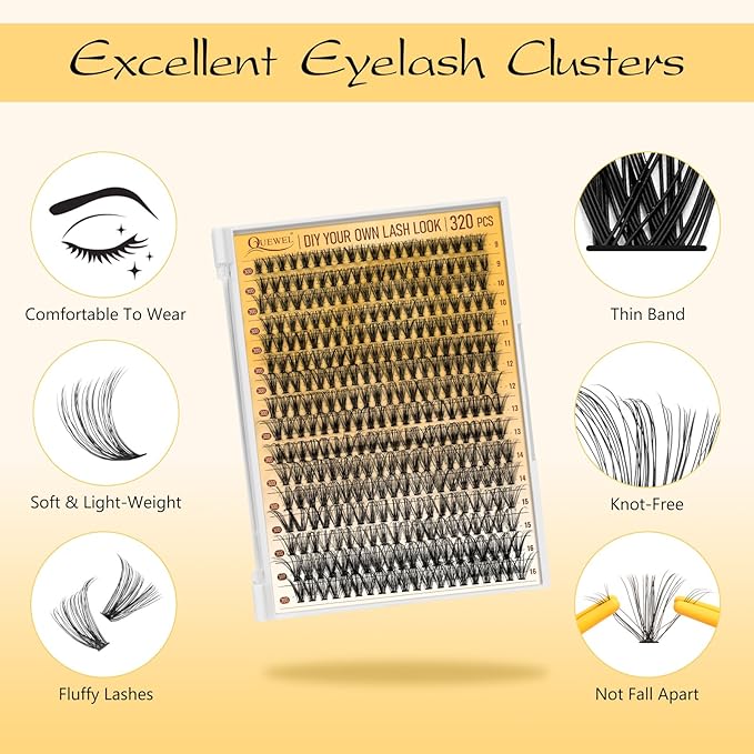 QUEWEL Lash Clusters Kit, 320 Pcs 30D Lash Cluster Eyelash Extensions 9-16mm Lash Clusters Wispy Kit with Eyelash Clusters Bond and Seal Glue Remover Tweezers (30D Kit)