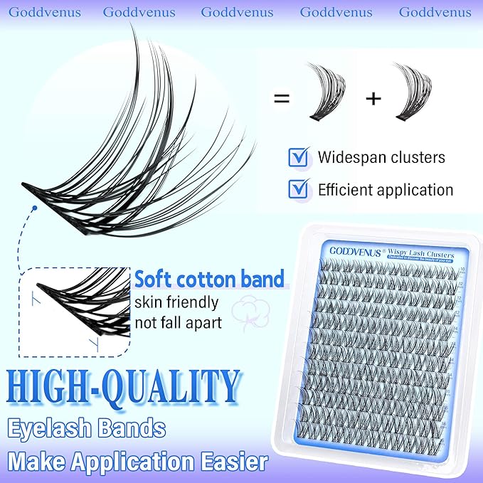 Goddvenus Wispy Lash Clusters 10-16mm Lashes Clusters Eyelash Extensions Natural Individual Lashes 144pcs D Curl Lash Extension DIY Soft Comfortable Eyelash Clusters with Cotton Band