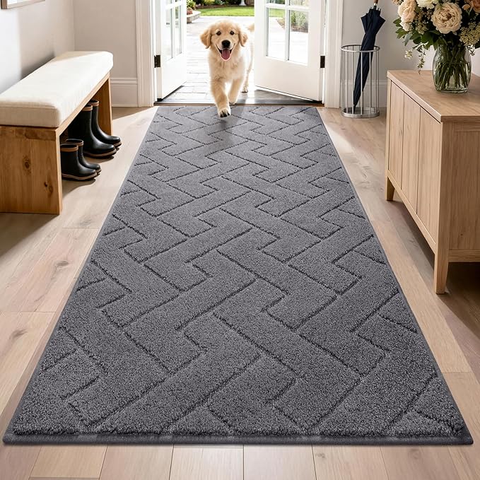 PURRUGS Dirt Trapping Door Mat 32" x 70", Non-Slip Machine Washable Entry Rug, Dog Doormat, Indoor Front Door Mat, Super Absorbent Entryway Rug for Muddy Shoes & Paws, Grey