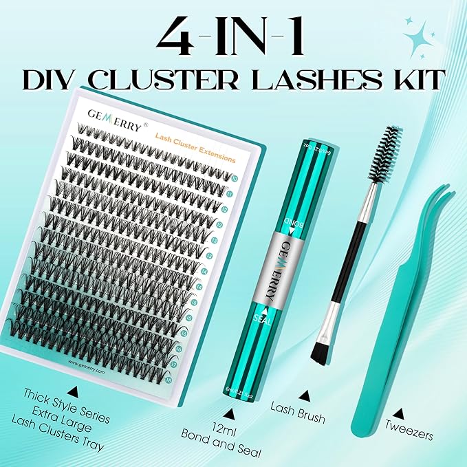 GEMERRY Lash Extension Kit DIY 280pcs Lash Clusters Kit Eyelash Extension Kit D Curl Individual Lashes Kit with Lash Bond and Seal Lash Tweezers for Self Use（40P+50P-10-18mm)