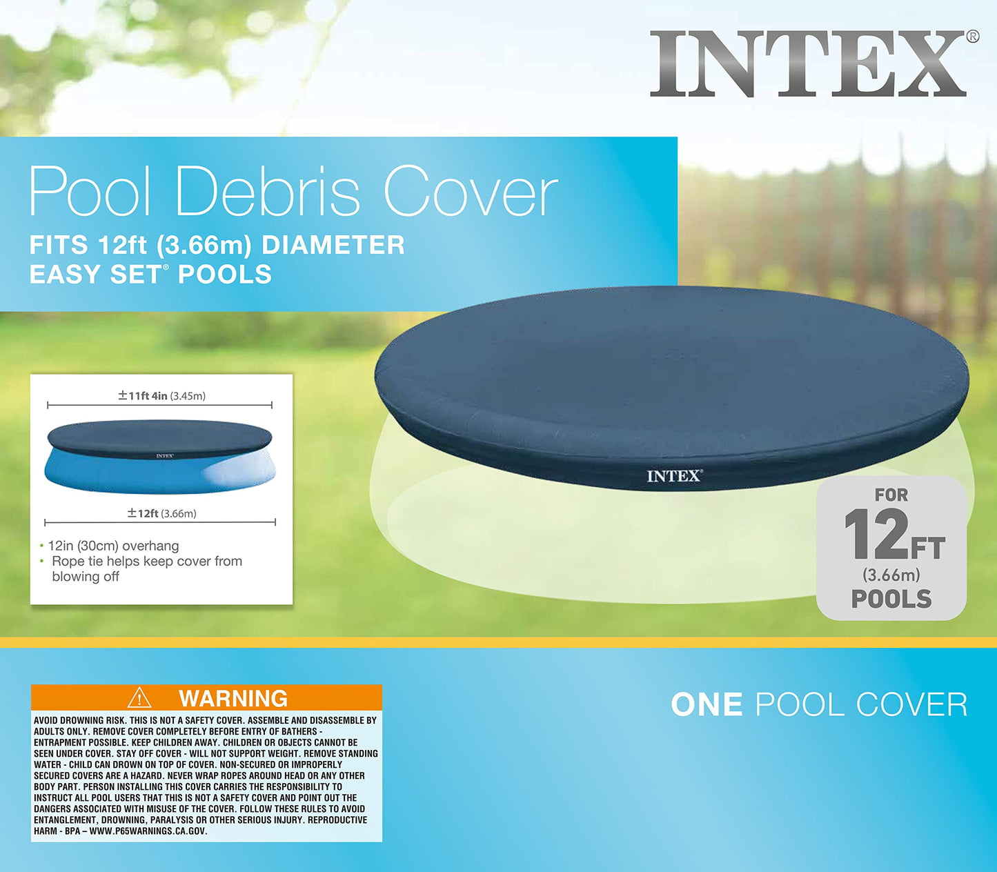 INTEX 28022E Pool Cover: For 12ft Round Easy Set Pools – Includes Rope Tie – Drain Holes – 12in Overhang – Snug Fit