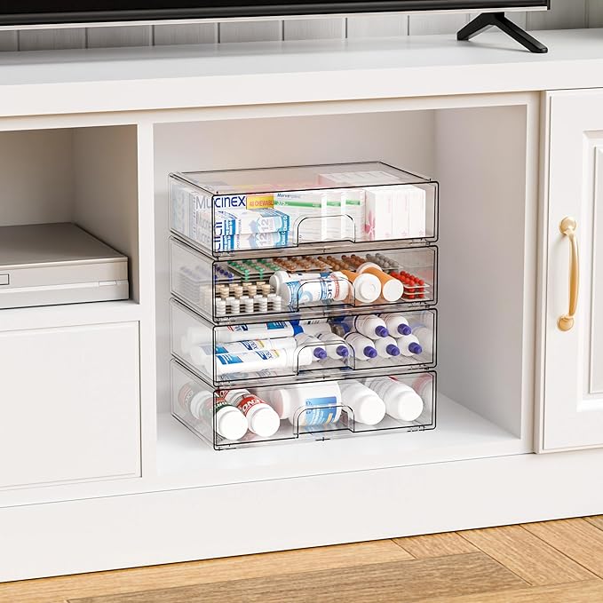 Yieach 12.1''W Clear Stackable Storage Drawers,2 Pack Acrylic Drawer Organizer for Hair Accessories,Makeup Organizers,Plastic Organizer Bins for Vanity,Bathroom,Cabinet,Desktop,Office Supply Organizer
