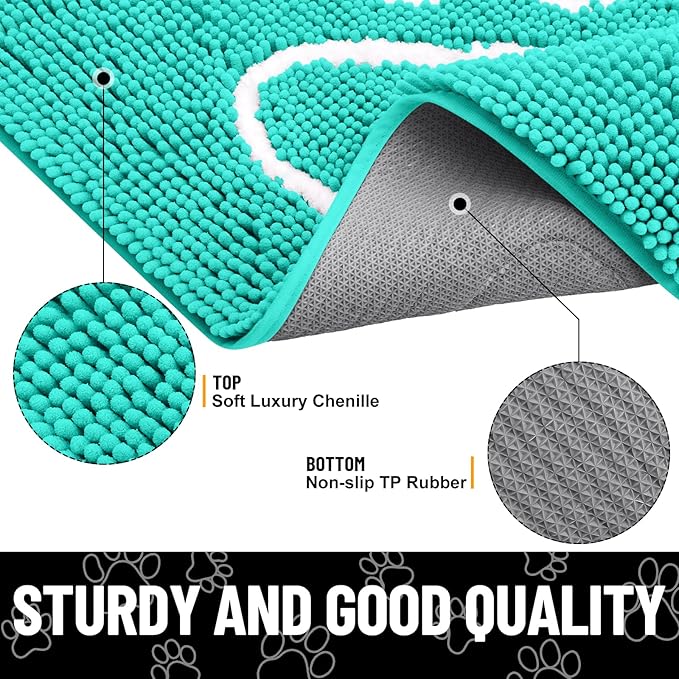Smiry Dog Door Mat for Muddy Paws, Absorbent Dirt Trapper Non Slip Quick Dry Washable Chenille Mat for Mud Dogs, Entry Rug for Indoor and Outdoor (48x30 Inches, Turquoise and White)