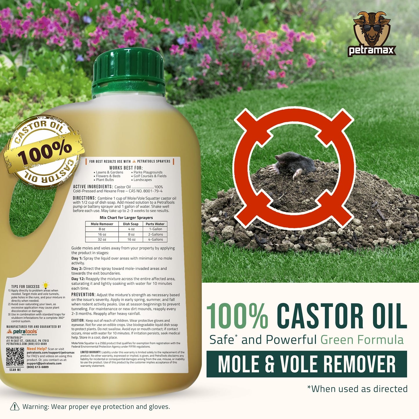 PetraMax Castor Oil Mole Repellent for Lawns - Best Anti Mole and Vole Repellent of Outdoor Space - How to Get Rid of Moles in My Yard, Garden Or Lawn, Safe and Effective Vole Deterrent (33.8 fl oz)