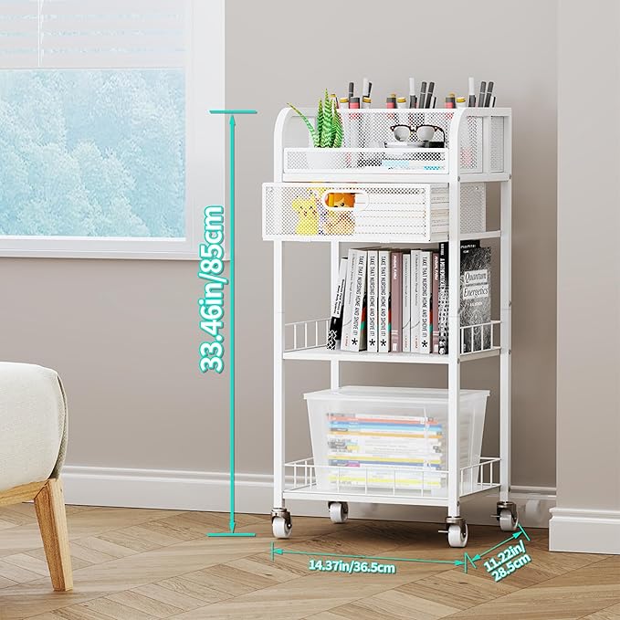 HapiRm Makeup Organizer Storage Cart - 4 Tier Skincare Make Up Storage with Drawer, Rolling Makeup Cart Vanity Organizer Cosmetics Display Cases Holder for Skin Care Perfume Nail Polish Brush