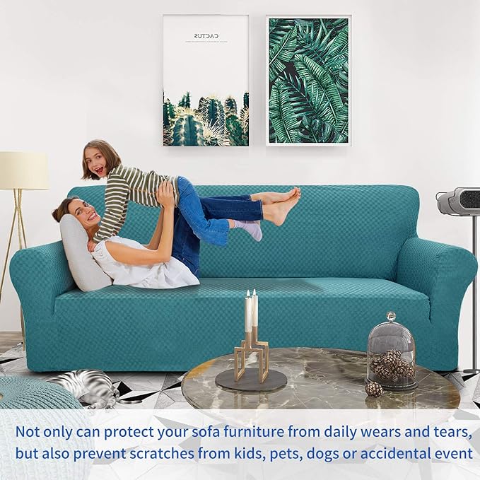 ZNSAYOTX 1 Piece Jacquard Couch Covers for 2 Cushion Couch High Stretch Loveseat Slipcover for Pets Dogs Anti Slip Love Seat Sofa Slipcover Furniture Protector (Loveseat, Peacock Blue)