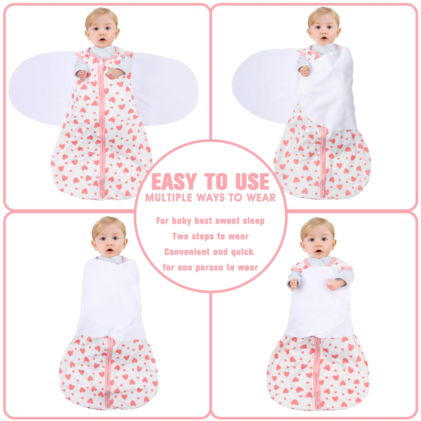 BSTOPPT Newborn Sleep Sack Baby Swaddle,3-6 Months,3-Way Adjustable Wearable Blanket,100% Rayon Cotton Swaddling Sleeping Bag，TOG 0.5（Heart&Floral）