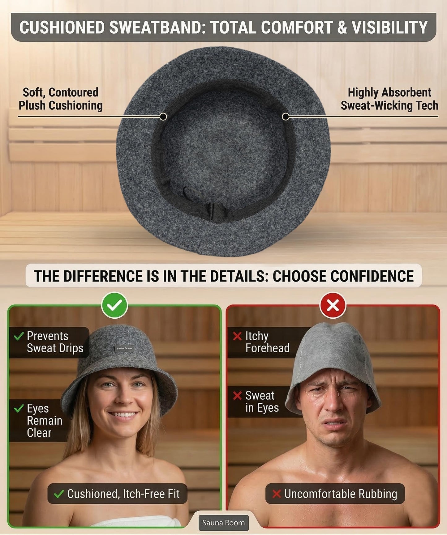 Adjustable Natural Wool Sauna Hat for Men and Women - Sauna Cap with Sweatband - Insulating Breathable Wool Banya Hat for Spa, Home Steam Room, Bathhouse - Comfortable Unisex Steam Room Hats