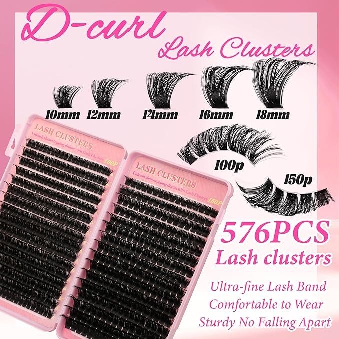 Lash Clusters Kit Cluster Eyelash Extensions 560Pcs Volume 100D 150D Lashes Clusters D Curl Eyelash Clusters DIY Individual Lash Clusters Eyelash Glue Lash Tweezers