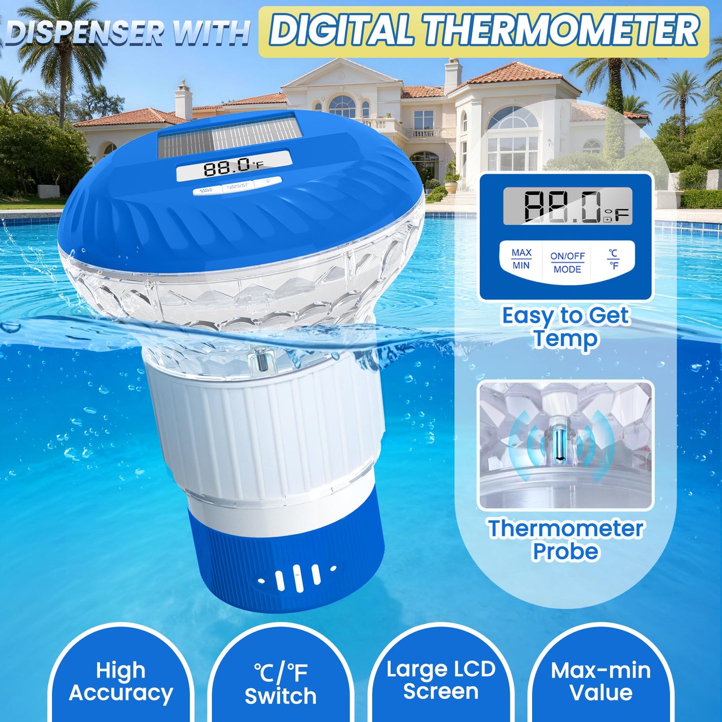 FineBud 2026 Upgraded Pool Chlorine Floater with Thermometer, Digital Screen Pool Chlorine Floater,Solar Pool Chlorine Floaters with Light, Button Control Floating Chlorine Dispenser for Pool (Blue)