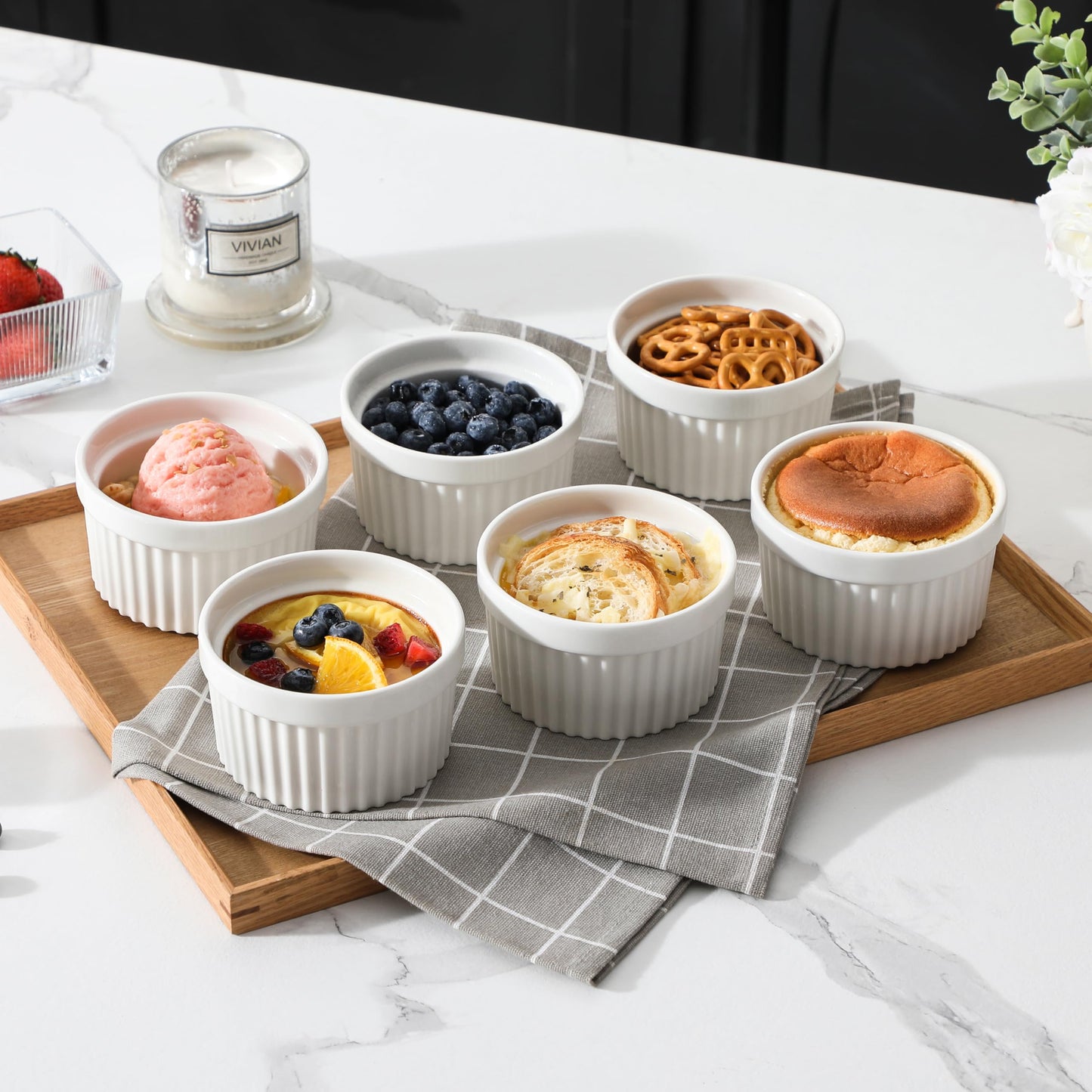 MALACASA Ramekins 10 oz Oven Safe, Porcelain Creme Brulee Ramekins Pudding Custard Cups Large Ceramic Souffle Dishes Ramakan Ramiken Ramicans Baking Bowls Set of 6, White, Series RAMEKIN-DISH