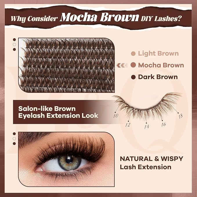 B&Q Mocha Brown Lash Clusters | 280 Pcs Brown Wispy & Natural Eyelash Clusters for Beginner DIY, Complete Lash Extension with Beauty, Fake Eyelashes for Natural Look（80D 10-18mm)