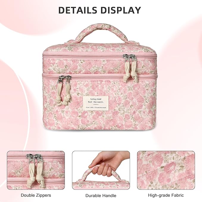 Makeup Bag, Portable Travel Make up Bag, Large Capacity Quilted Cosmetic Organizer Bag, Cute Floral Toiletry Bag for Women Girls (Pink Floral)