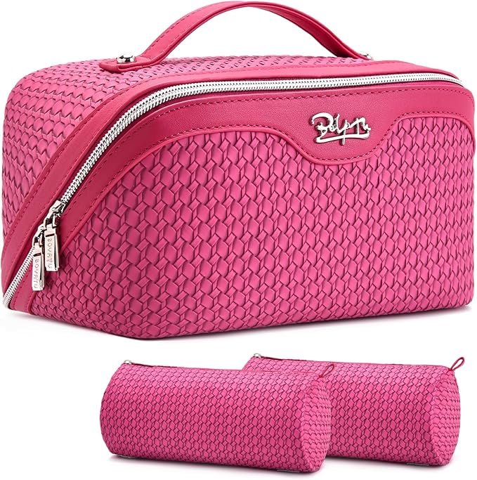 BOYATU Travel Makeup Bags for Women: Large Capacity Make up Bag with Wide Opening - 3 Pcs Set Waterproof Travel Toiletry Organizer for Full-Sized Bottles, Cosmetics & Brushes (Plum-W)
