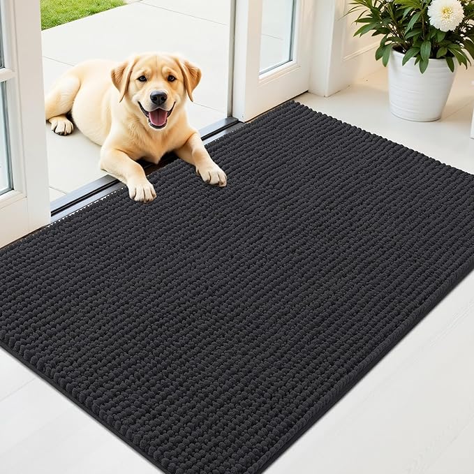 OLANLY Dog Door Mat for Muddy Paws 48x30, Ultra Absorbent Chenille Mud Doormat, Non-Slip Washable and Dirt Trapping Doormat for Indoor Entryway, Quick-Dry Indoor Pet Bed Mats for Dogs, Dark Grey