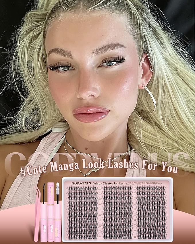 Manga Lash Clusters Kit Natural Wispy Cluster Eyelash Extensions Kit 180 Pcs Fairy C Curl Cluster Lashes 10-16mm Fluffy Lash Extensions Kit Anime Cosplay No Plastic Feel Individual Lash