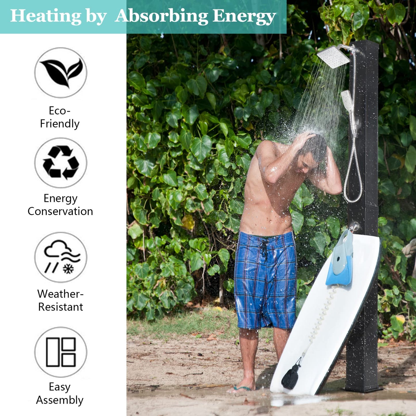 VINGLI 10.6 Gallon Solar Heated Outdoor Shower, 7.2 FT Height, Freestanding Outside Shower with 360° Swivel Shower Head + 6FT Handheld Shower + Foot Faucet, Hot & Cold Water Adjustment, Black