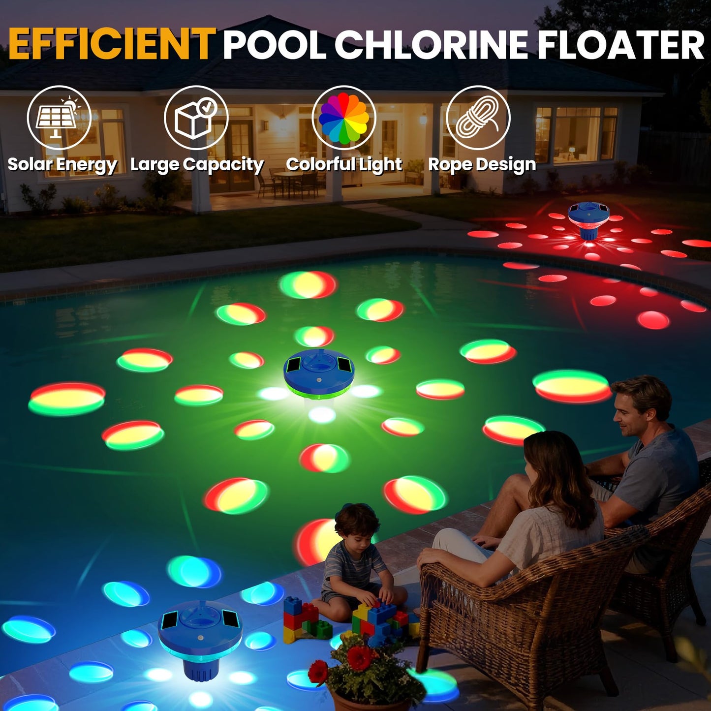 AquClor 2026 New Pool Chlorine Floater,Large Capacity Chlorine Floaters for 5 * 3'' Chlorine Tabs,Solar Chlorine Floater w/Light,Adjustable Floating Chlorine Dispenser for Pool,Hot Tub,Blue