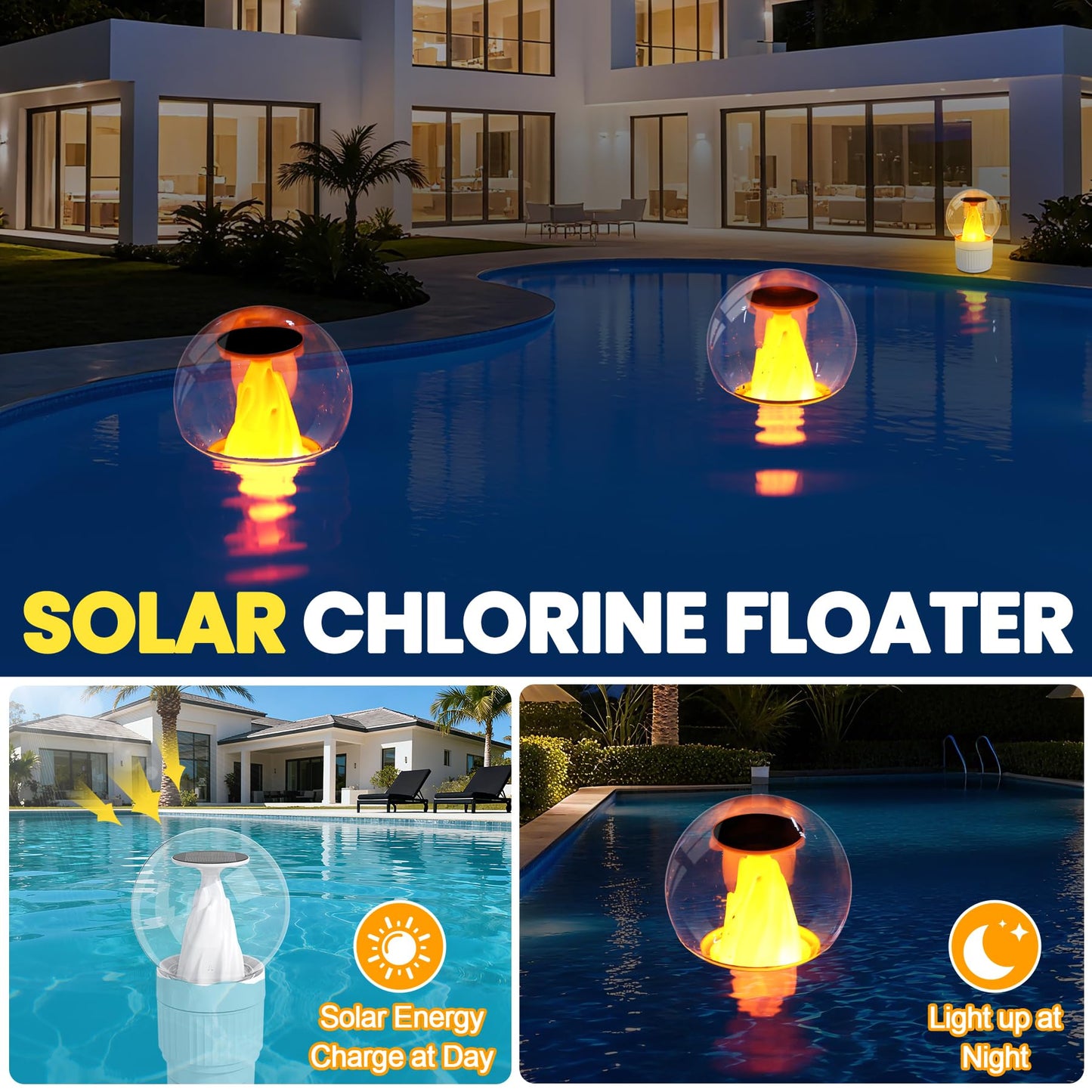 ChlorBlu Solar Chlorine Floater,Chlorine Floater with Solar Flame Light,Adjustable Release Floating Chlorine Dispenser for Pool,Large Capacity Pool Chlorine Floater,Chlorine Floater for Hot Tub(White)