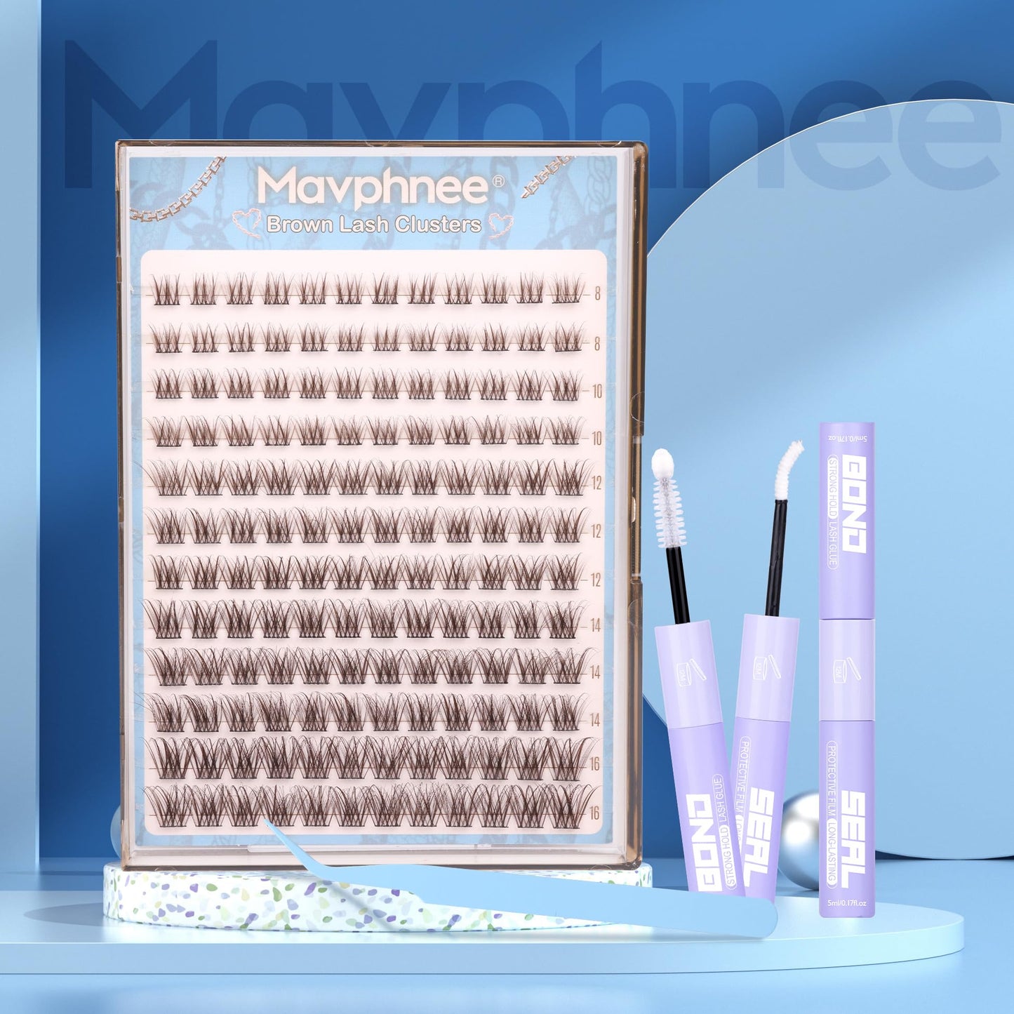 Mavphnee Brown Lash Clusters Kit Natural Eyelash Clusters Dark Brown Eyelash Extensions CC-Curly Pestañas Postizas Wispy Individual Lash Extensions Kit 8-16MM Brown Cluster Lashes 144PCS DIY Lash Kit
