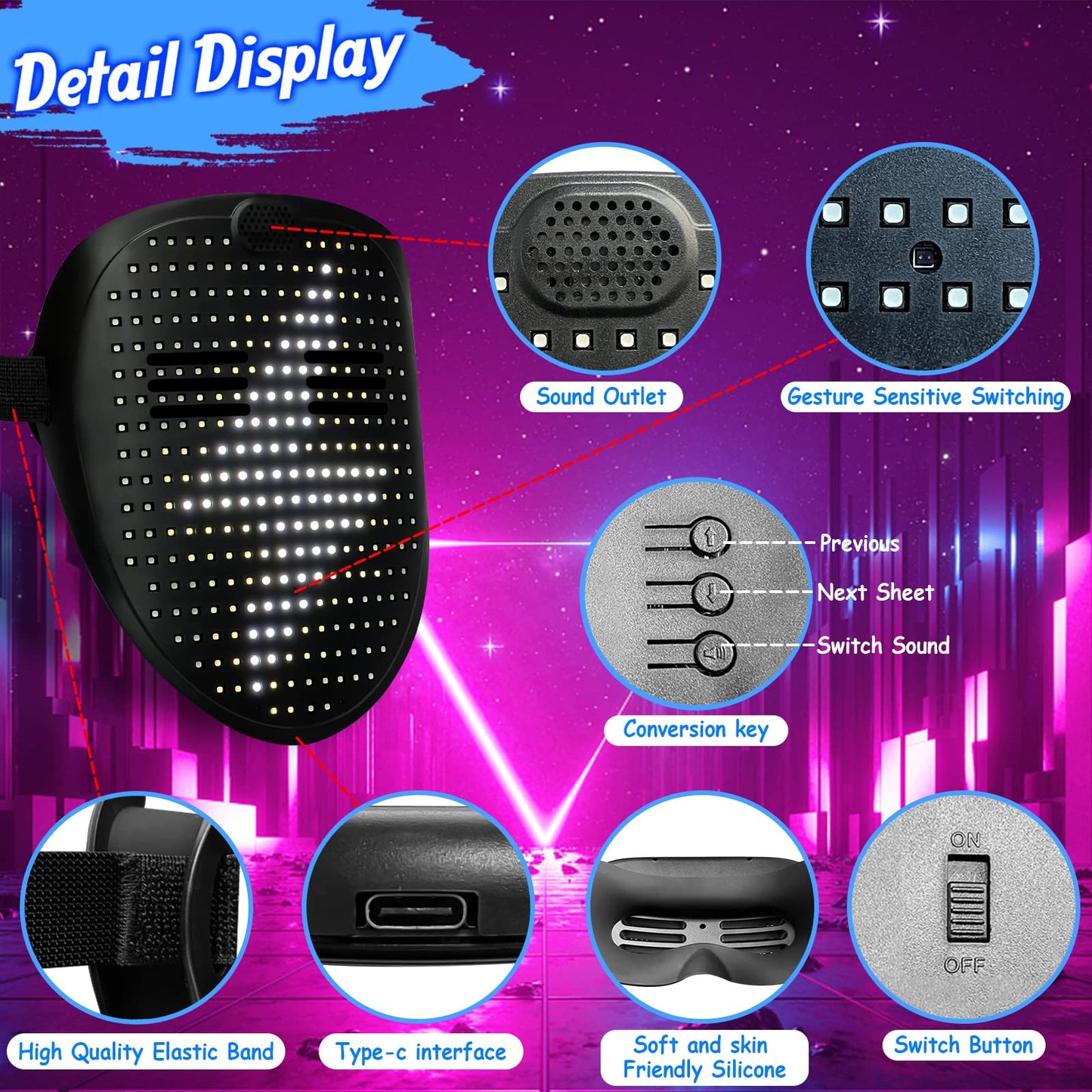 MOYACA Led Mask with Sound Effects and Gesture Sensing, Transforming Light up Music Mask with Voice for Halloween Rave Costume Christmas Cosplay Birthday Masquerade Dj Parties