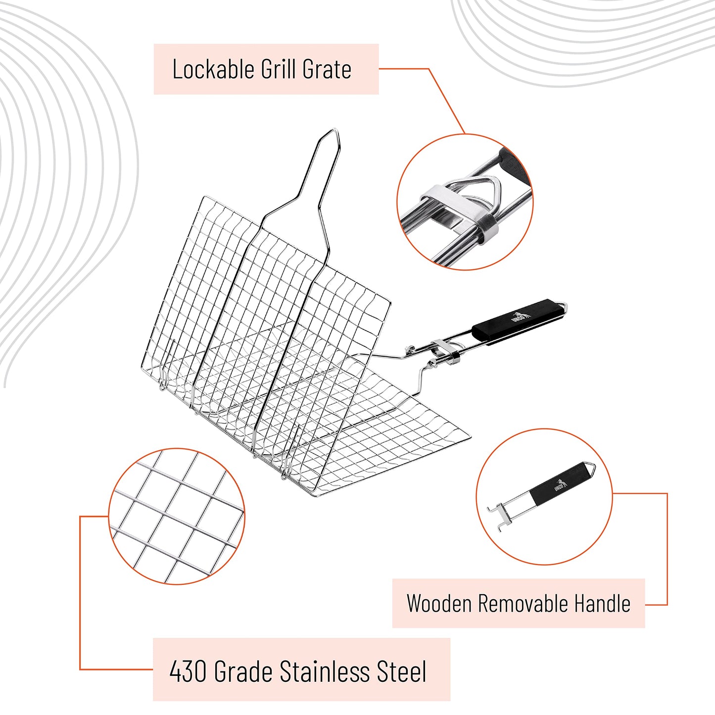 UNCO- Fish Grilling Basket, 2 Sets, Folding Portable Stainless Steel BBQ Grill Basket with Removable Handle and Silicon Basting Brush for Fish, Vegetables, Shrimp, Gifts for Dad, Husband & Friend