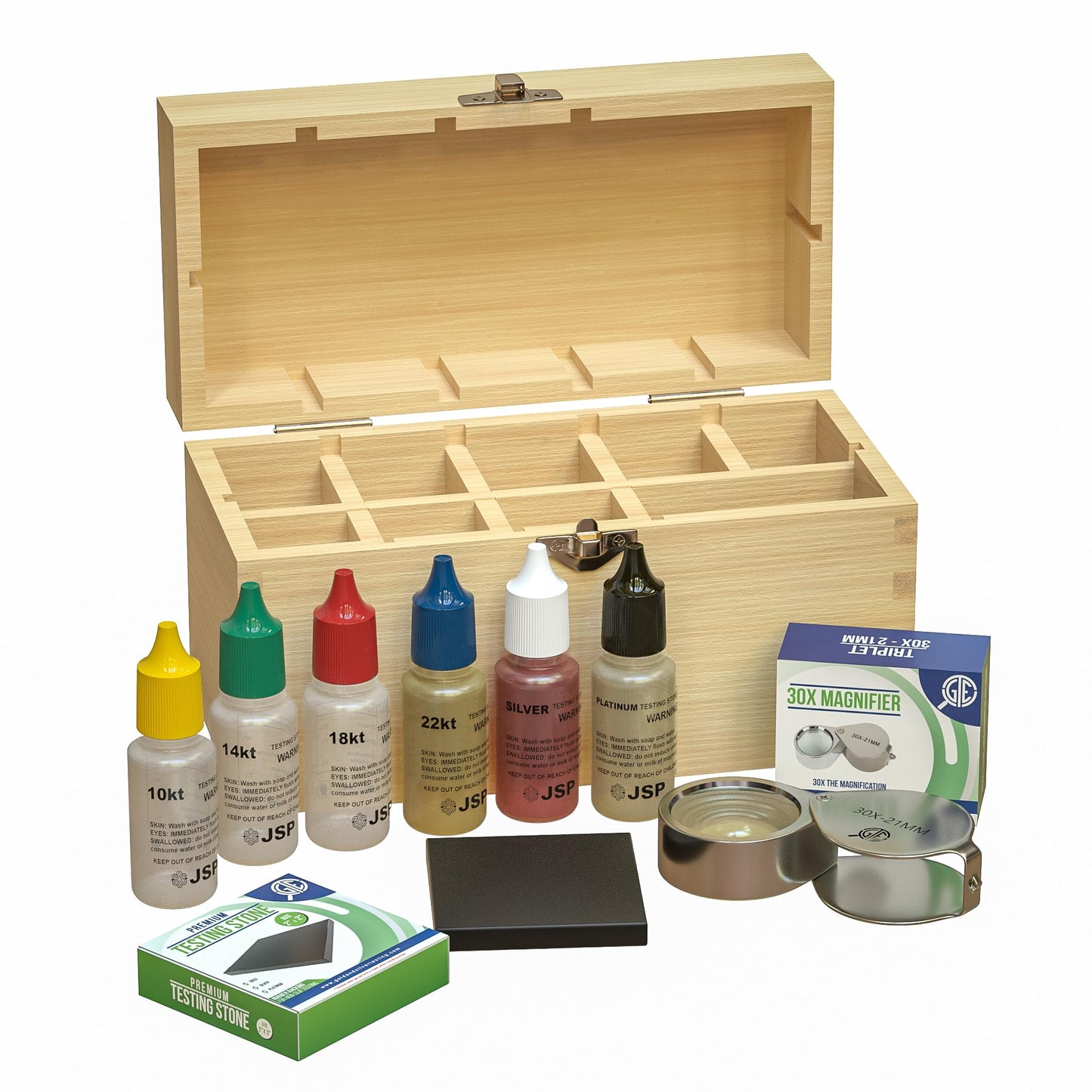 Jewelry Testing Kit 10K, 14K, 18K, 24K Gold, Silver, Platinum Test Solutions with Scratch Stone, 30X Loupe, Instructions, and Bamboo Storage Box