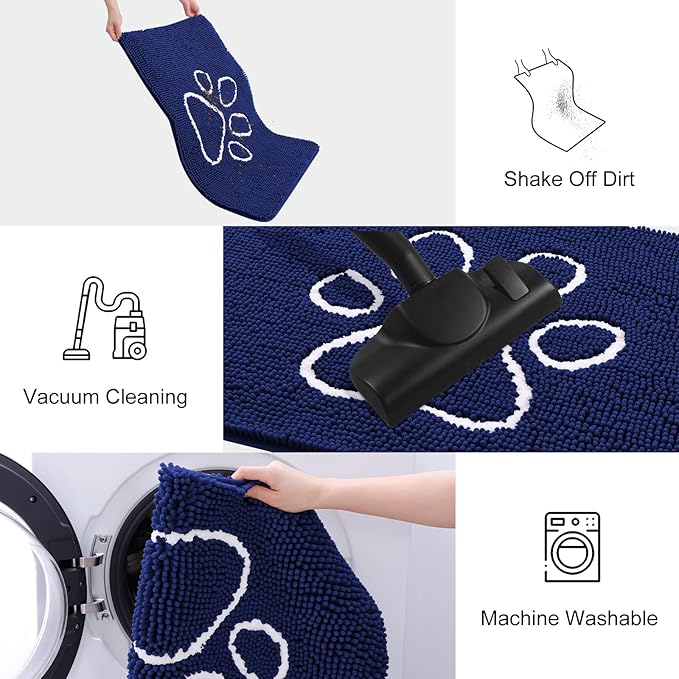 Smiry Dog Door Mat for Muddy Paws, Absorbent Dirt Trapper Non Slip Quick Dry Washable Chenille Mat for Mud Dogs, Entry Rug for Indoor and Outdoor (40x32 Inches, Navy Blue and White)