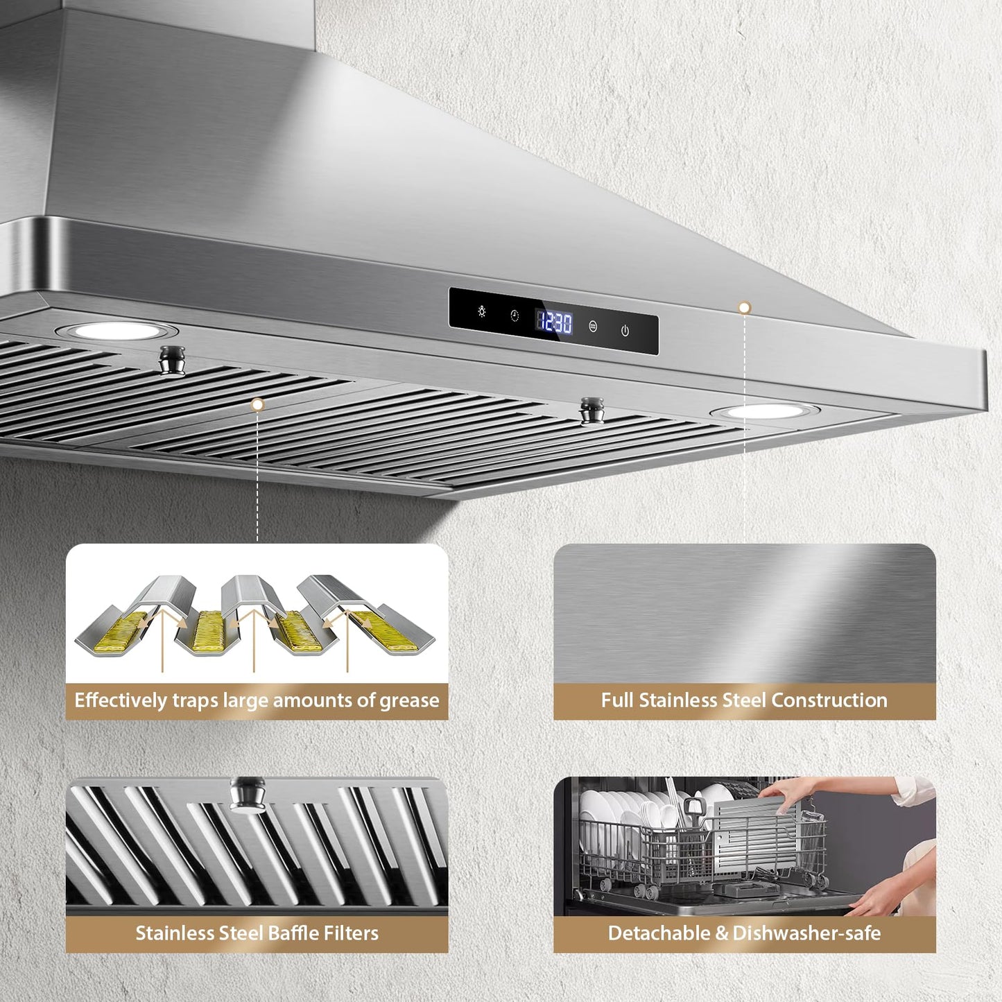 Wall Mount Kitchen Hood 30 inch, Ducted/Ductless Range Hood with Delayed Shutdown Function, 700CFM, 3 Speed Fan, Energy-saving LED Lights, Soft Touch Control, Stainless Steel Grease Filters