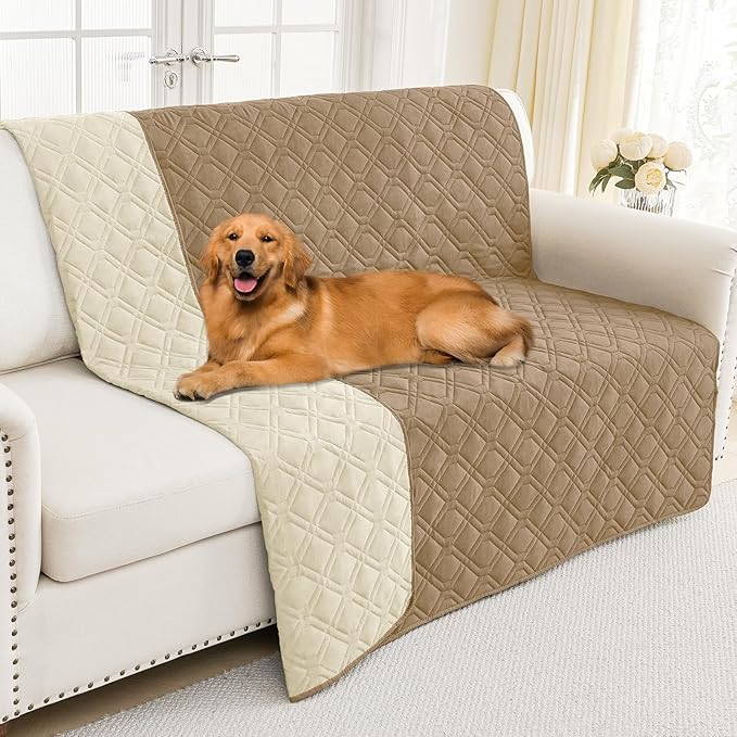 Smiry Reversible Waterproof Couch Covers for Sofa, Washable Dogs Pet Couch Covers for 3 Cushion Sofa Pet Friendly, Water Resistant Furniture Protector Slipcover, Geometric (68"x82", Camel/Beige)