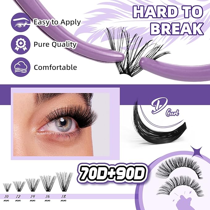 B&Q Fluffy Lash Clusters Kit 280PCS UltraSoft Cluster Eyelash Extensions, 70+90D Volume Eyelash clusters 10-18mm Lash Extension Kit, D Curl Individual Lashes kit with lash Applicator Tool (70+90D Set)