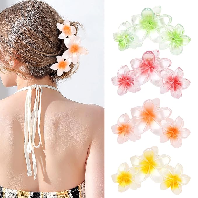 ANBALA 4PCS Hawaiian Flower Hair Clips, Large Claw Clips for Women Tropical Flower Clip Non-Slip Strong Hold Beach Hair Accessories