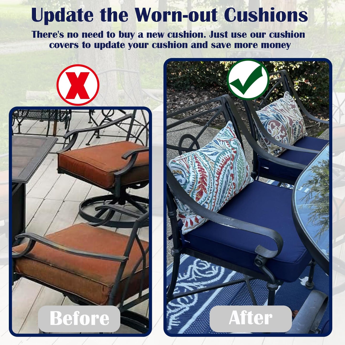 FLYMEI Patio Cushion Covers 16x16x2.5 Waterproof Outdoor Seat Cushion Slipcover Replacement 2 Packs for Rattan Chair Sofa, Navy Blue