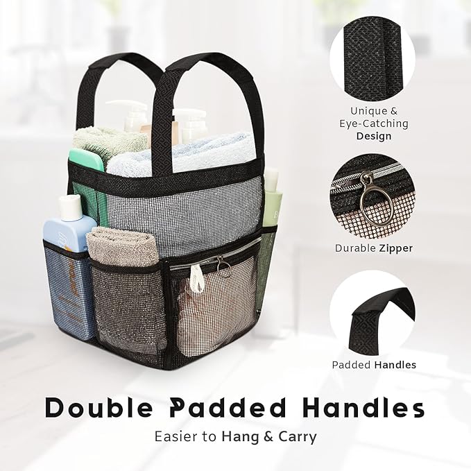 DV Lifestyle Mesh Shower Caddy Dorm, 7 Pockets & 1 with Zipper, Shower Tote with Padded Handles, Travel Portable, Shower Caddy College Room Essentials, Bathroom Shower Bag (Black)