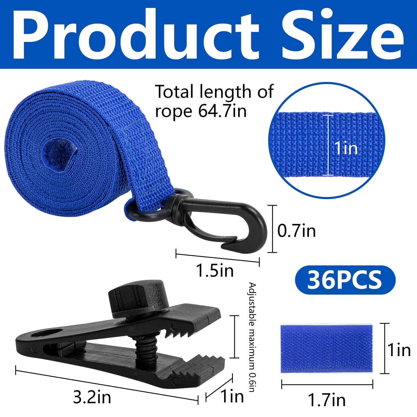 codree 36 Pcs Pool Solar Cover Reel Attachment Kit, Inground Swimming Pool Solar Cover Straps and Clips, Solar Blanket Strap Kit Including 12 Straps with Hooks, 12 Clips and 12 Touch Fastener (Blue)