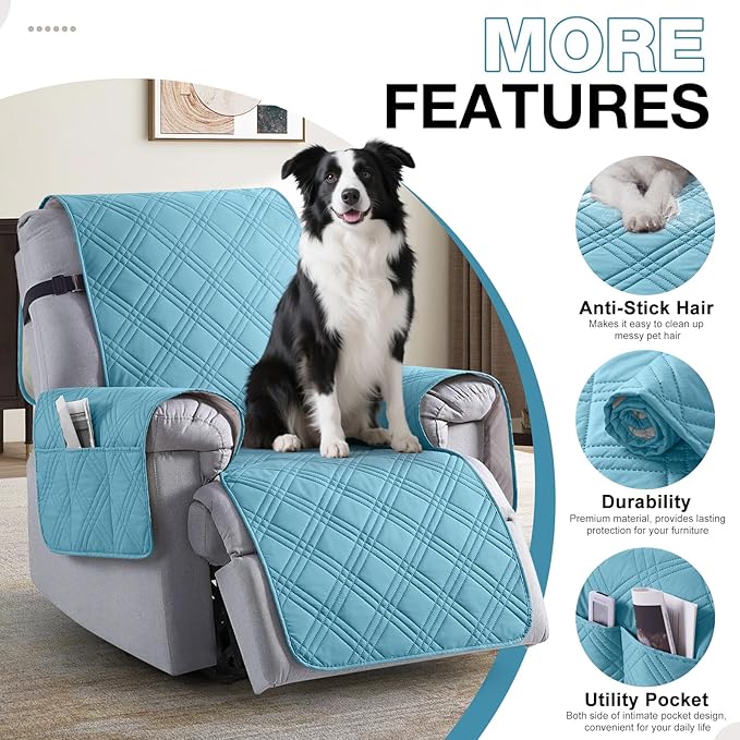 TAOCOCO 100% Waterproof Recliner Chair Covers, Non Slip Recliner Covers for Recliner Chair with Pocket, Washable Reclining Chair Cover Furniture Protector for Kids,Dogs(25'', Sky Blue)