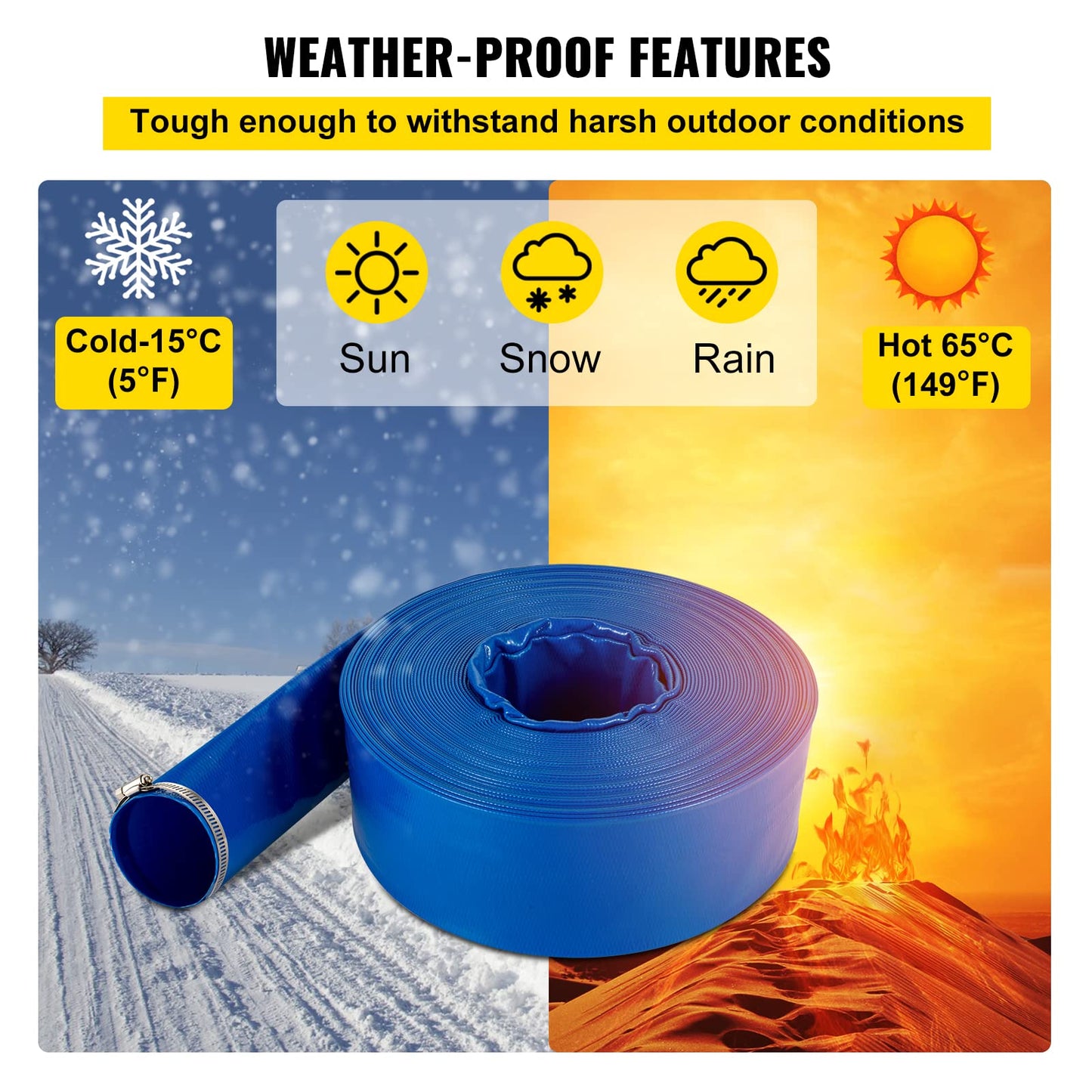 VEVOR Discharge Hose, 4' x 105', PVC Lay Flat Hose, Heavy Duty Backwash Drain Hose with Clamps, Weather-proof & Burst-proof, Ideal for Swimming Pool & Water Transfer, Blue