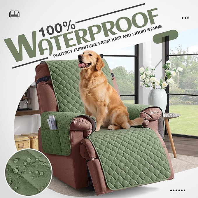 KinCam 100% Waterproof Recliner Chair Cover, Reclining Couch Covers for Pets, Dogs, Recliner Couch Slipcover Furniture Protector with Elastic Straps for Kids(25", Cactus Green)