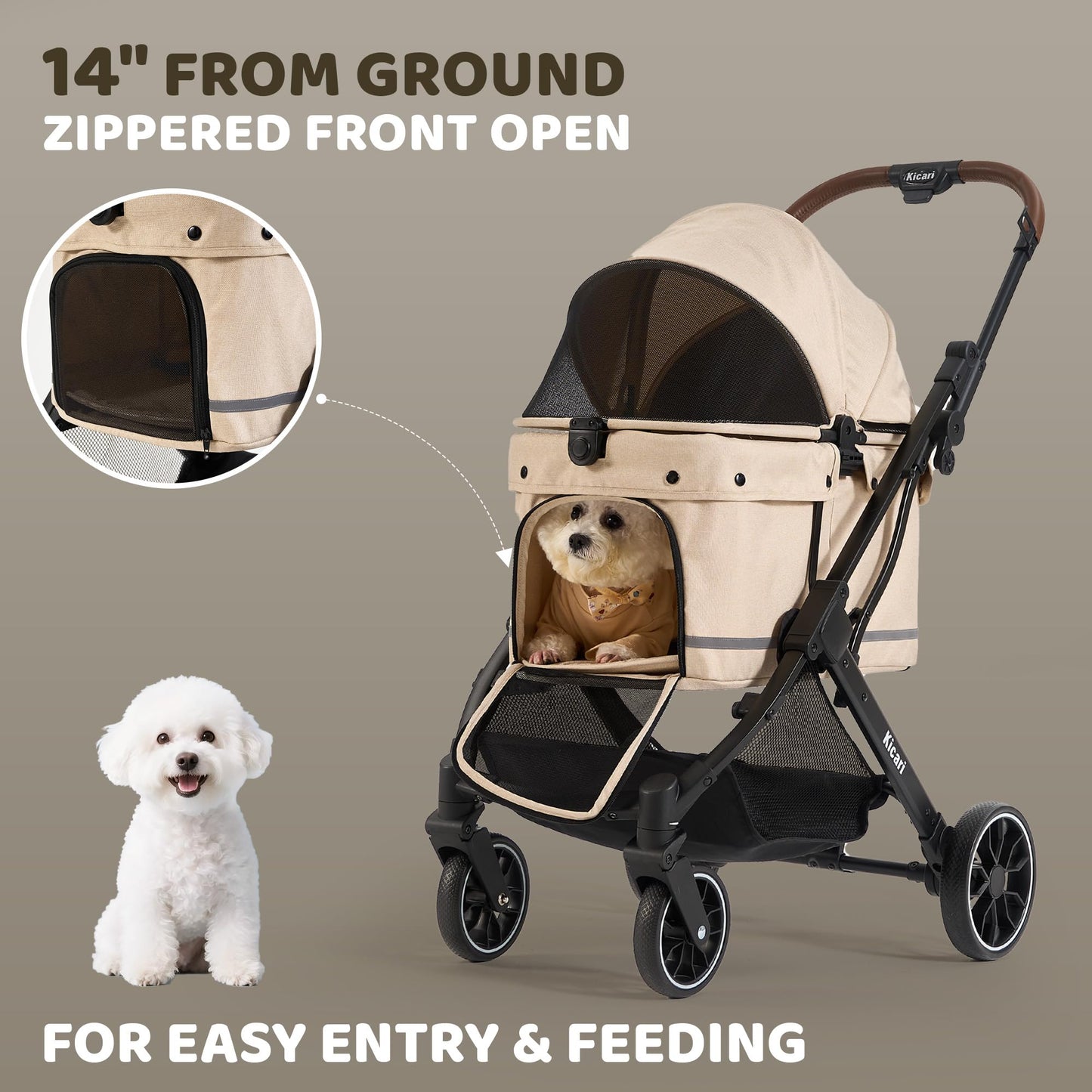 Kicari All-Terrain Dog Stroller for Small to Medium Dogs, Pet Stroller for Dogs & Cats Outdoor Walks, One-Hand Easy Fold, Double-Layer Anti-UV & Waterproof Canopy & Breathable Mesh, Vanilla Beige