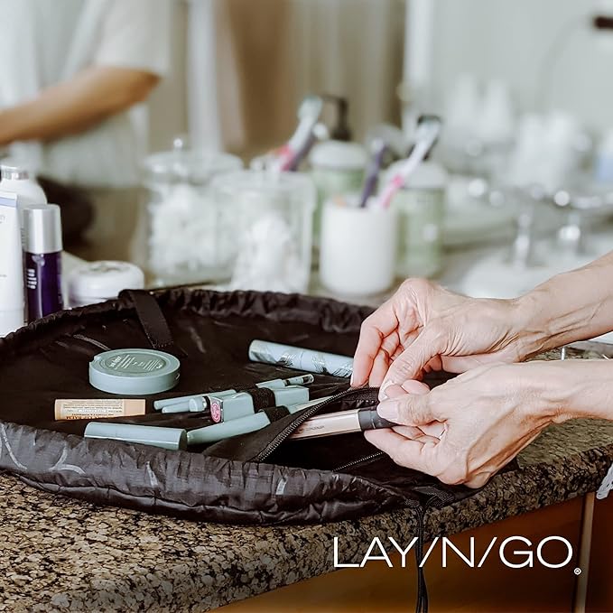 Lay-n-Go Cosmo Drawstring Cosmetic & Makeup Bag Organizer - Portable Drawstring Bag w/Zipper Pocket, Makeup Loops & More - Durable, Machine Washable Toiletry Bag for Travel (20", Metallic Gold)