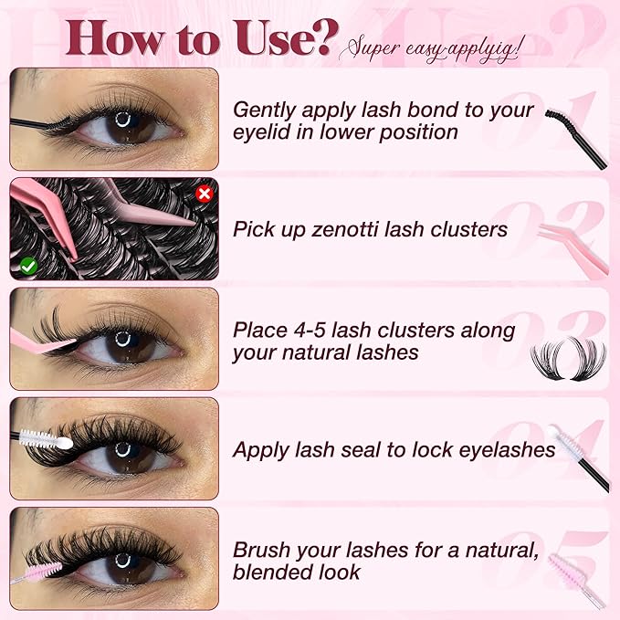 Lash Clusters Kit, 640PCS Natural Eyelash Clusters Kit 30D 40D 50D 60D Wispy Cluster Eyelash Extensions 9-16mm Daily Look Individual Lashes Soft Band with Lash Bond & Seal Tweezers Brush by zenotti