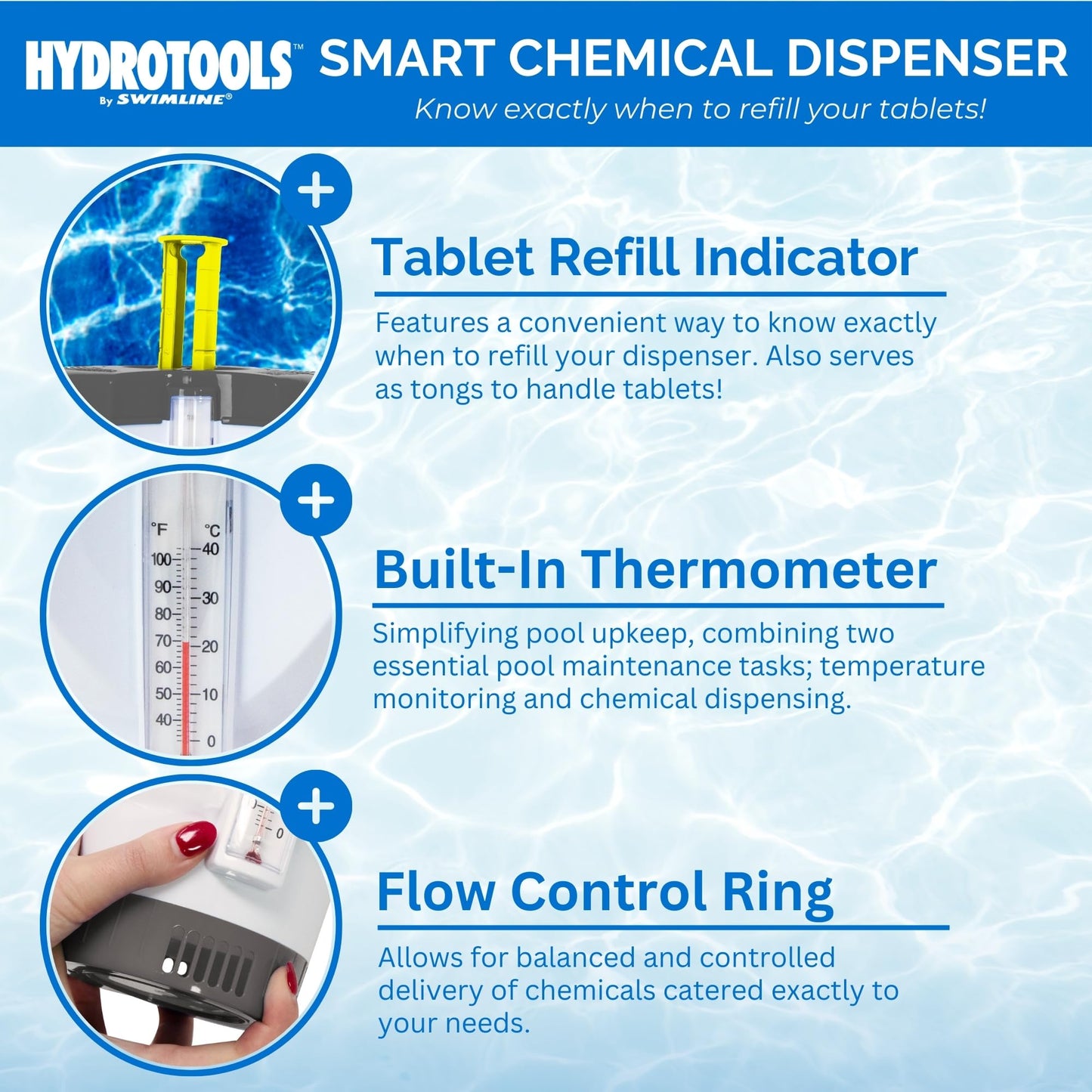 SWIMLINE HYDROTOOLS Smart Chlorine Floater Dispenser for Above Ground & Inground Pools Spas W/Thermometer | Tablet Refill Indicator & Tongs | Large Adjustable Floating 3-Inch Chlorine Bromine Tabs