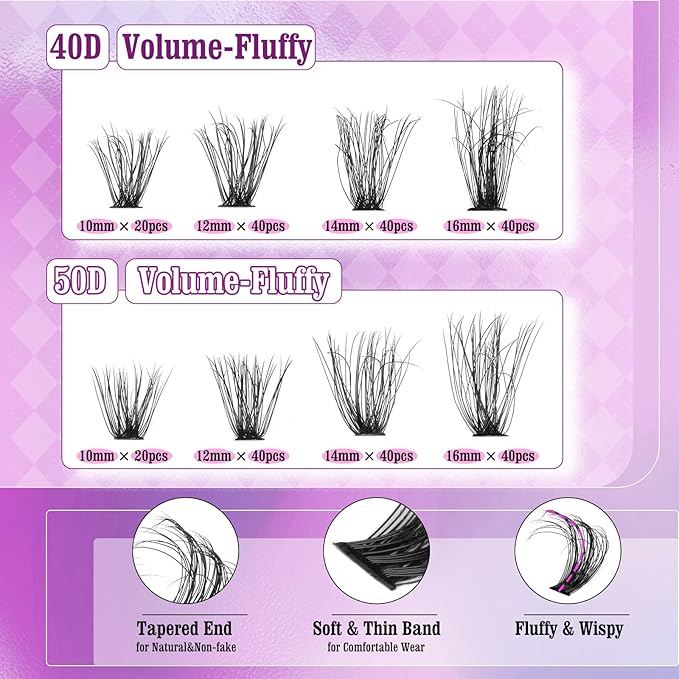 Yawamica Lash Clusters 40D+50D Fluffier Volume Individual Lashes Natural Lash Extension 10-16mm Wispy D Curly Eyelash Clusters 280pcs for DIY Lash at Home (Black)