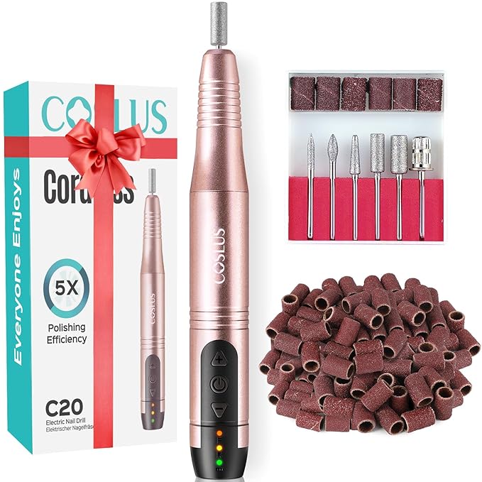 COSLUS C20 Cordless Nail Drill Electric File: Professional for Acrylic Gel Dip Powder Nails Portable Nail Drill Machine Kit for Manicure Pedicure Nail Set with Everything Rechargeable Lightweight