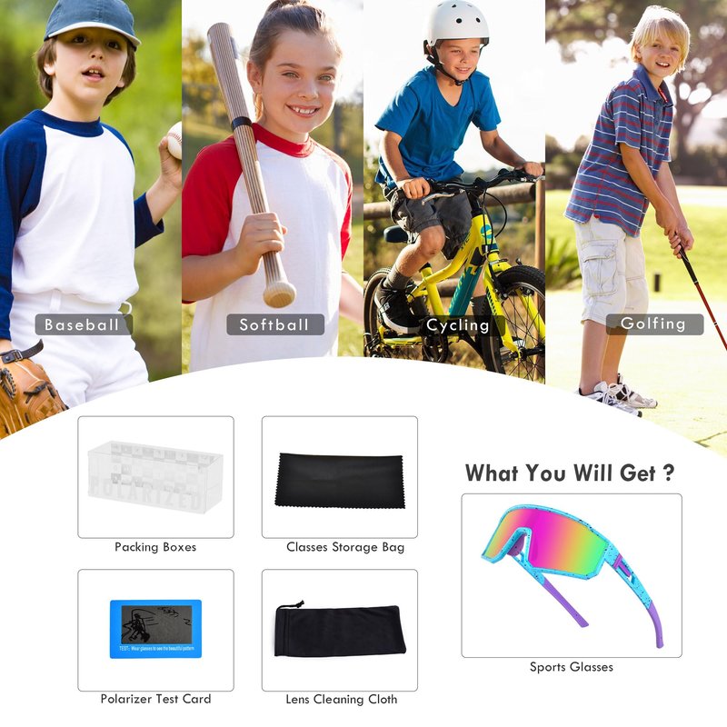 Derowern Youth Baseball Sunglasses, Kids Polarized Sports Sun glasses, Lightweight TR90 Frame UV400 Protection Outdoor Glasses for Boys Girls Softball Cycling Golf