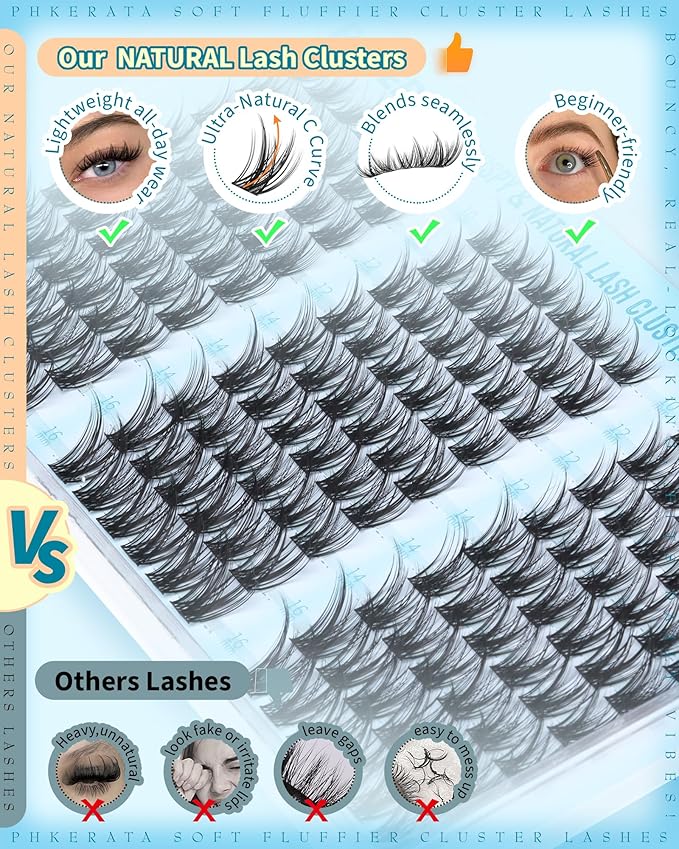 PHKERATA Natural Eyelash Clusters C Curly Lash Clusters Wispy Cluster Eyelash Extensions 180pcs Individual Lashes Extension with Soft Thin Band, 10-16mm