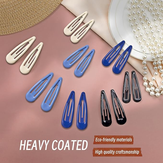 Metal Snap Hair Clips, No Slip Hair Clips for Thick/Thin Hair, 16pcs Medium Barrettes for Women Kids Hairstyle Makeup Accessories (8pcs 2.36inch & 8pcs 2.7inch) (Blue White)