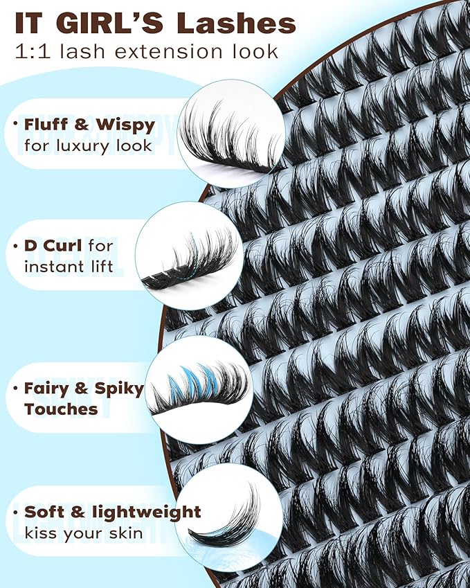 Goddvenus Fluffy Wispy Lash Clusters Kit Natural Eyelashes Clusters D Curl Cluster Eyelash Extensions Lightweight Individual Lashes DIY Eyelash Extension Kit with Waterproof Lash Cluster Glue